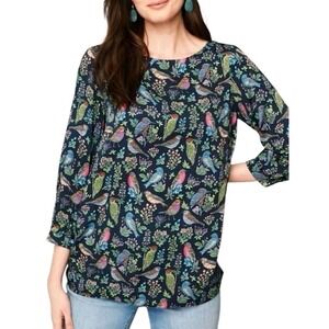 J Jill Medium Bird Print Blouse Viscose 3/4 Sleeve Botanical Boho Casual